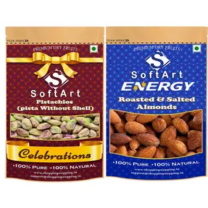 Soft Art Dry fruits combo of Pista Kernels Without Shell & Roasted _ Salted Almonds (250g Each) Vacuum Pack
