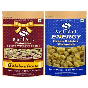 Soft Art Dry fruits combo of Pista Kernels Without Shell & Green Raisins Kishmish (250g Each) Vacuum Pack