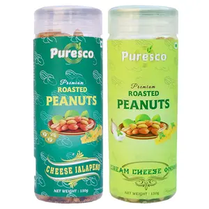 Puresco Premium Roasted Peanuts | Combo of Cheese Jalapeno & Cream Cheese Onion | 150 gms + 150gms