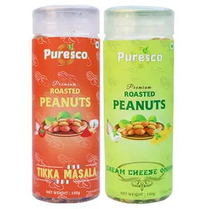 Puresco Flavoured Peanuts | Roasted Peanuts | Combo of Tikka Masala & Cream Cheese Onion | 150 gms + 150gms
