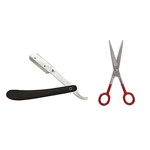 REC ENTERPRISES Stainless Steel Straight Folding Razor with Plastic Handle and Scissors Combo for Men/Hair Salon Barber Shaving Razor for Professional Use