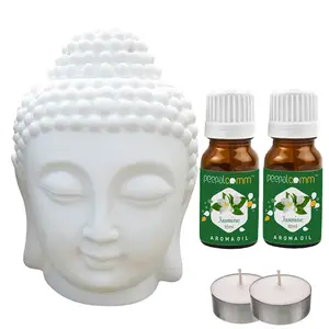 PeepalComm white Ceramic Buddha Head Aroma Diffuser with 2 Jasmine oil and 2T-light Free