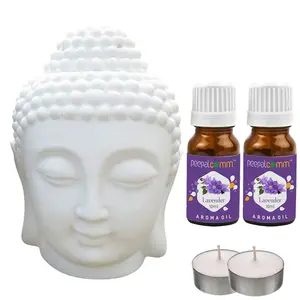 PeepalComm White Ceramic Buddha Head Aroma Diffuser Air Freshner for Home Office Aroma Oil Burner Lamp Night with 2LavenderAroma Oil and 2T-light