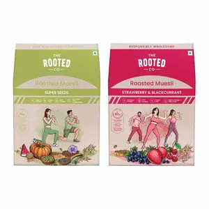 The Rooted Co Roasted Muesli Breakfast Cereal - Super Seeds and Strawberry & Blackcurrant 400g x 2 | Gluten Free Protein Rich Healthy | Pack of 2