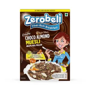 Zerobeli 100% Wholegrain Dark Chocolate Almond Muesli 500 g|with Added Bran| Real Chocolate Honey Seeds and Nuts|