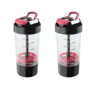 Totza Living Protein Shaker Bottle with Mixer Blade Mechanism|| Pack of 2 || Leak Proof Meal Supplement Gym Shaker with Supplement Storage||(500ml) (BlackPink)
