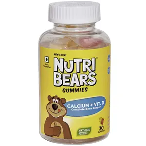 NutriBears Calcium and Vitamin D Gummies for Kids and Teens Natural Gelatin Free Vegetarian Supplement for Strong Teeth and Bones 30 Gummy Chewables (Mango & Strawberry Flavour)