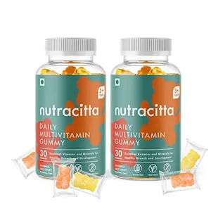 Nutracitta Daily Multivitamin for Kids & Adults - Strawberry & Lemon Vegetarian Gummies with Vitamin A B12 C E D Calcium Magnesium Zinc Folic Acid - (Pack of 2 - 60 Gummy Bears)