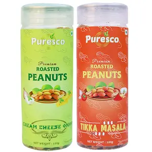 Puresco Premium Roasted Peanuts | Combo of Cream Cheese Onion & Tikka Masala Peanuts  150 gms + 150gms