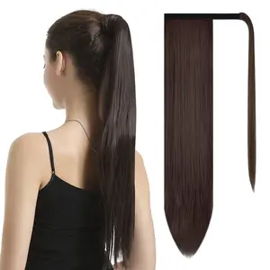 2/33#Darkest Brown Mix Dark Auburn Evenly: Barsdar 26" Long Straight Ponytail Extension Wrap Around Synthetic Ponytail Clip In Hair Extensions One Piece Hairpiece Binding Pony Tai