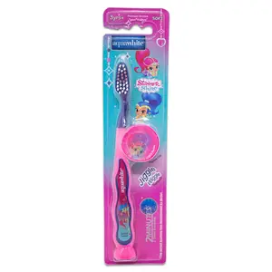 aquawhite® SHIMMER & SHINE Jiggle Wiggle Toothbrush with 2 D Shimmer & Shine Image on Hygiene Cap Suction Cup & Tongue Cleaner (Pink)