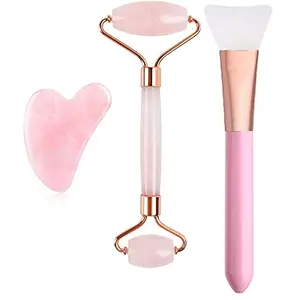 Getmecraft Jade Roller and Gua Sha Set With FREE SILICON FACE MASK BRUSH - Face Roller: 100% Natural Rose Quartz - Face Massager Facial Roller for Skin Care Eyes Neck - Authentic Durable