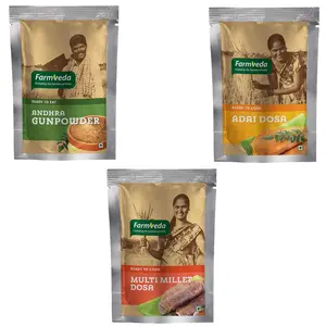 Farmveda Healthy and Tasty Andhra Gun Powder (200g) Combo with Multi Millet dosa (500g) and Adai dosa (500g) Each. Easy & Instant Mix with Home-Like Soft and Plain Texture