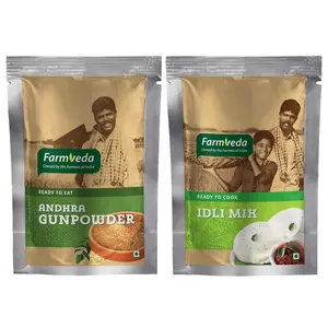 Farmveda Healthy and Tasty Idli Mix 250g (Pack of 2) & Andra Gun Powder 100g Combo Pack. Easy & Instant Mix with Home-Like Soft and Plain Texture.