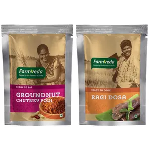 Farmveda Healthy and Tasty Groundnut Chutney Podi 100g (Pack of 2) & Ragi Dosa Mix 500g Combo Pack. Easy & Instant Mix with Home-Like Soft and Plain Texture.