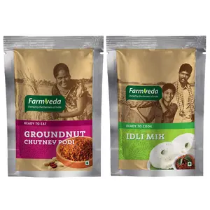 Farmveda Healthy and Tasty Idli Mix 250g (Pack of 2) & Groundnut Chutney Podi Powder 100g Combo Pack. Easy & Instant Mix with Home-Like Soft and Plain Texture.