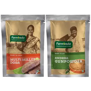 Farmveda Healthy and Tasty Multi Millet Dosa 500g & Andra Gun Powder 100g Pack of 2 Combo Pack. Easy & Instant Mix with Home-Like Soft and Plain Texture.
