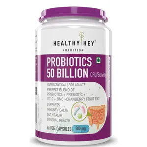 HealthyHey Nutrition Probiotics 50 Billion CFU Multi- Strains 60 Veg. Capsules Targeted Release Technology Stomach Acid Resistant No Need for Refrigeration Non-GMO Gluten-Free