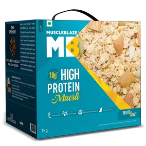 MuscleBlaze High Protein Muesli Fruits & Nut 18 g Protein with Superseeds Raisins & Almonds Ready to Eat Healthy Snack 1 kg