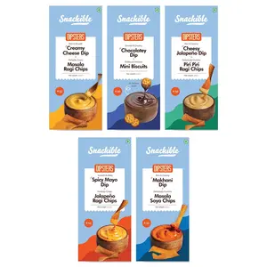 Snackible Dipsters Chips & Dip - Assorted Pack of 6 Flavours (Pack of 18) - 18x50gm | Cheesy Jalapeno Creamy Cheese Spicy Mayo Makhani Chocolate Choco-Hazelnut | Children Friendly Snack | Ragi