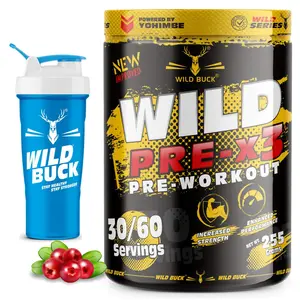 WILD BUCK Wild Pre-X3 Hardcore Pre-Workout Supplement with Creatine Monohydrate Arginine AAKG Beta-Alanine Explosive Muscle Pump -For Men & Women [30-60 Servings Cranberry 255g] Free Shaker