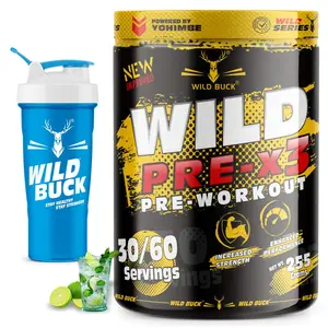 WILD BUCK Wild Pre-X3 Hardcore Pre-Workout Supplement with Creatine Monohydrate Arginine AAKG Beta-Alanine Explosive Muscle Pump -For Men & Women [30-60 Servings Virgin Mojito 255g] Free Shaker