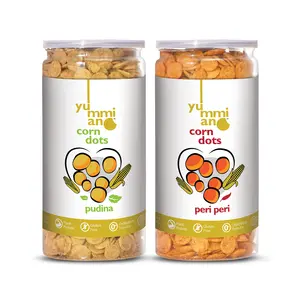 YummianoCorn Dots - Vacuum Cooked Corn Chips Zero Cholesterol Healthy Snacking with High Nutrient Content No Added Preservatives Gluten Free - Pack of 2 (220g Each) (Flavour: Pudina + Peri Peri)