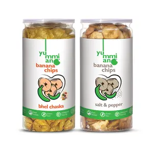 Yummiano® Banana Chips - Authentic Vacuum Cooked Banana Chips Zero Cholesterol Healthy Snacking with High Nutrient Content No Added Preservatives - Pack of 2 (175g Each) (Flavour: Bhel Chaska + Salt & Pepper)