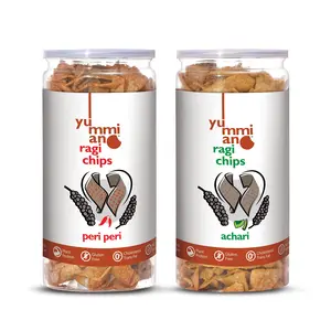 Yummiano® Ragi Chips - Authentic Vacuum Cooked Ragi (Millet) Chips No Cholesterol Healthy Snacking High Nutrient Content No Added Preservatives - Pack of 2 - 140g Each (Peri Peri + Achari)