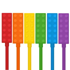 Chewable Pencil Toppers for Sensory Kids Boys and Girls (6 Pack) Silicone Rainbow Pencil Chew Toppers for Chewers with Special Oral Motor Needs Chewing Brick Pencil Toppers for Children