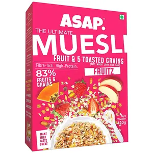 ASAP Wholegrain Muesli Fruitz| High Protein Breakfast Muesli with 83% Strawberry Raisins Dried Papaya Apple & 5 Toasted Grains | Healthy Multigrain Muesli| Omega-3 & Fibre rich (420 g Box)