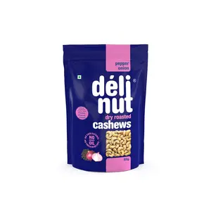 Delinut Premium Roasted Cashew Nuts - Pepper Onion - 80 Grams Pouch Crispy Dry Roasted Cashews 100% Natural Hygienically Packed No Added Oil or Preservatives Zero Cholesterol