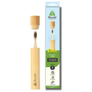 Rusabl Organic Bamboo Toothbrush with Bamboo Case for Kids Travel-Friendly Charcoal Activated Soft Bristles Biodegradable & Anti-Bacterial Eco-friendly & Natural (Pack of 1)