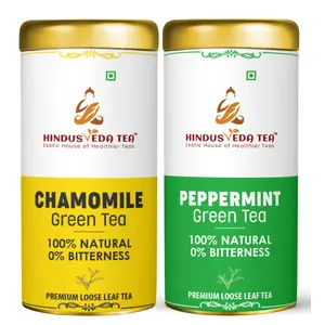 HINDUSVEDA Chamomile and Peppermint Tea with Herbal Aroma and Loose Leaf Green Tea (100gm each) | Tea for Sleep Digestion and Relaxation