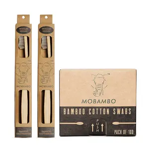 Mobambo Combo Pack of Bamboo Toothbrush 2 x Singles Regular Medium + 1 x Mobambo Bamboo Cotton Ear Buds - Charcoal Toothbrush Natural Wooden ECO Friendly Toothbrush For Adults Kids with Soft Medium