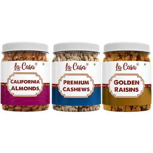 La Casa California Almonds Whole Cashews Nuts & Gold Kishmish | Natural Organic | 3x250g |