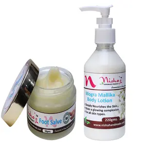 Nisha's Handmade Foot Salve Night Cream For Acne or Blemishes Skinmoisturizer & Mogra Body Lotion | (50Gm + 220Ml) (Multi-colored) (Pack Of 2)
