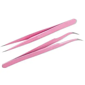 VNDEFUL 2 Pcs Pink Stainless Steel Tweezers for Eyelash Extensions