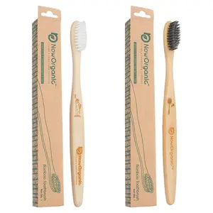 NOW ORGANIC BRAND BIODEGRADABLE BAMBOO TOOTHBRUSH CURVE SHAPE WITH MULTICOLOUR SOFT CHARCOAL AND WHITE BRISTLES PACK OF 2