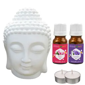 PeepalComm Ceramic Buddha Head Aroma Diffuser Air Freshener for Home Office Aroma Oil Burner Lamp Night with Rose and Lavender Oil and 2T-light (White)