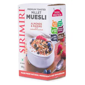 SIRIMIRI Premium Toasted Millet Muesli Protein Breakfast Loaded with Almonds & Raisins 500 Grams - Gluten Free (with Natural Cardamom Flavour ) (Almonds & Raisins)