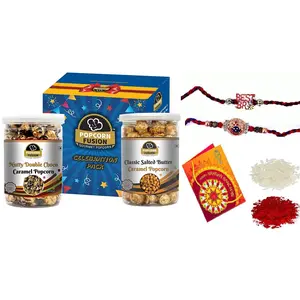 Popcorn Fusion Rakhi Gift Pack Chocolate & Caramel Popcorn (320g) with 2 Premium Designer Rakhi Roli Chawal Chandan Greeting Card for brother (Item Code-1070)