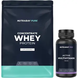 NUTRABAY Pure 100% Raw Whey Protein Concentrate - 500g Unflavoured (16 Servings) & Nutrabay Pro Active Multivitamin Men - 60 Veg Capsules