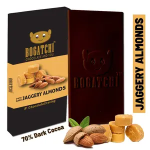 BOGATCHI 70% Dark Jaggery Chocolate | Almonds | NO Sugar| Intense Dark SugarFree Chocolate 80 gm