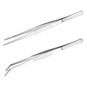 JKJF Stainless Steel Tweezer Long Tweezers with Precision Serrated Tips Straight and Curved Tweezers for Cooking Repairing - 12 Inch 2PCS