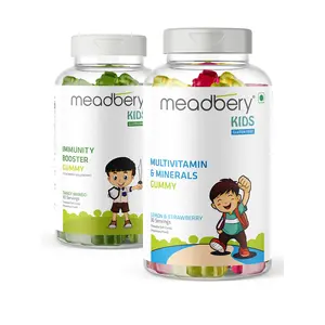 Meadbery Multivitamin and Immunity Gummies For Kids Combo Gift Pack Multiflavored Gluten free Formula With Elderberry Blueberry Vitamin C Vitamin E For Health Immunity 30+30 Gummy Bears