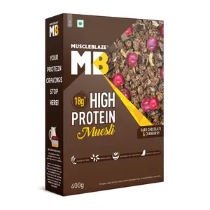MuscleBlaze High Protein Muesli Dark Chocolate & Cranberry 18 g Protein with Superseeds Raisins & Almonds Ready to Eat Healthy Snack 400 g