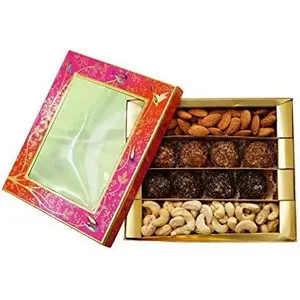 NUTICIOUS -Floral Sweet Dryfruits Gift Box for Friends & Relatives (Almonds 125 gm Cashews 125 gm  & 30 gm X 8 =240 gm Protein Laddus )-500 G