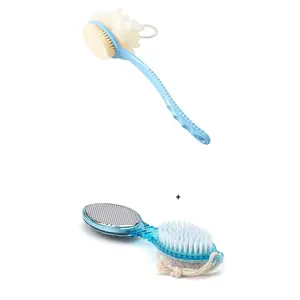 NewQ 4 in 1 Foot Pedicure Brush foot Cleaner Tool Scrubber Pedicure with Loofah Back Scrubber Long Handle Bath Sponge Shower Brush for Man & Woman