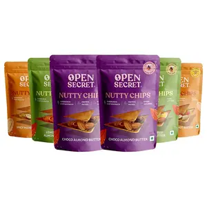 Open Secret Multi Flavor Nutty Chips | Choco Almond Butter Lemon Chilli Almond Butter & Spicy Peanut Butter|India's first sandwich chips with nut (dryfruit) butter filling | Baked not Fried| Pack of 6